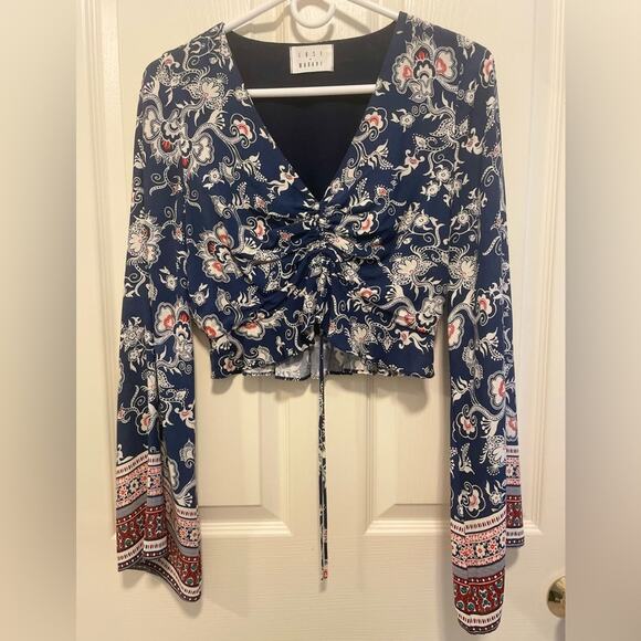 Lost + Wander Long Bell Sleeve, Cropped Blouse - navy, paisley, boho, hippie - Picture 1 of 9